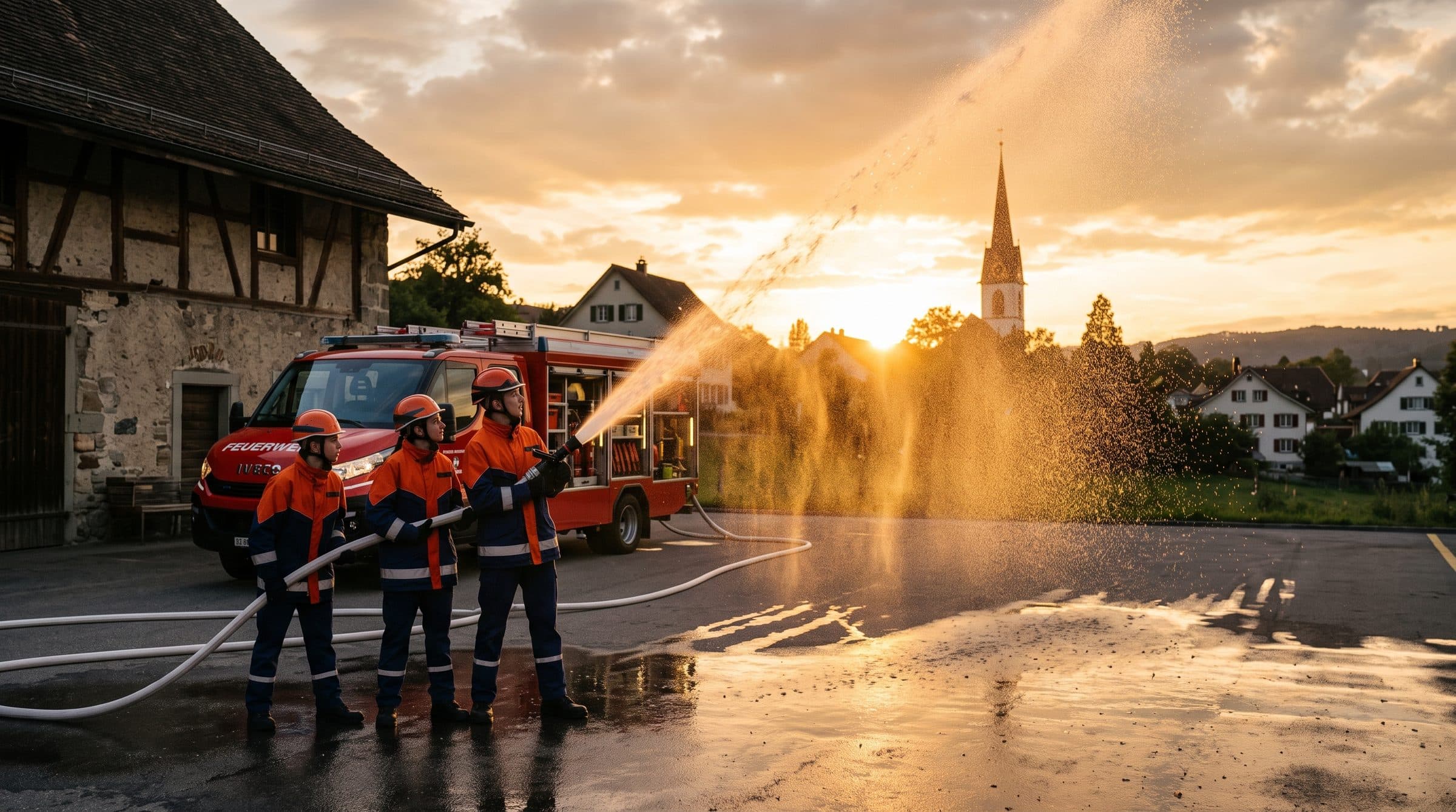 Jugendliche der Jugendfeuerwehr unteres Furttal üben den Schlauchdienst im goldenen Abendlicht
