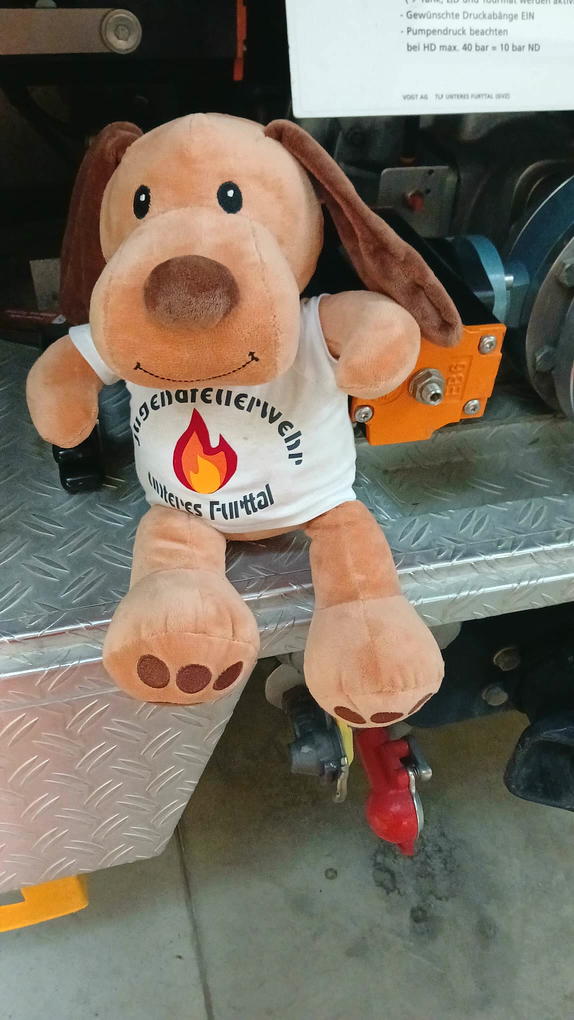 Aarin, das Maskottchen der Jugendfeuerwehr unteres Furttal, im JFW-Flammen-Shirt auf dem Trittbrett des Löschfahrzeugs